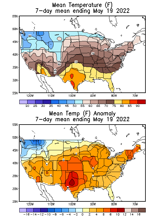 Mean Temperature (F) 7-Day Mean ending May 19, 2022