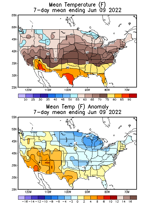 Mean Temperature Anomaly (F) 7-Day Mean ending Jun 09, 2022