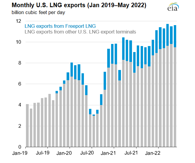 Monthly U.S. LNG exports (Jan 2019–May 2022)