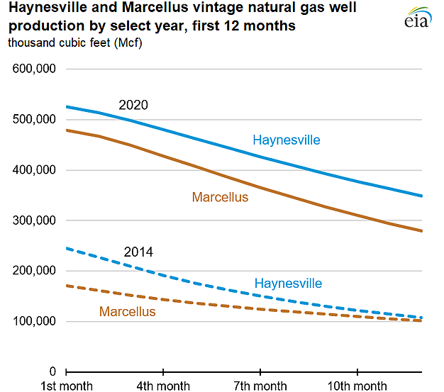 Haynesville and Marcellus vintage natural gas well production by select year, first 12 months