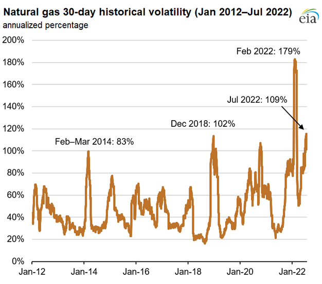 Natural gas 30-day historical volatility (Jan 2012–Jul 2022)