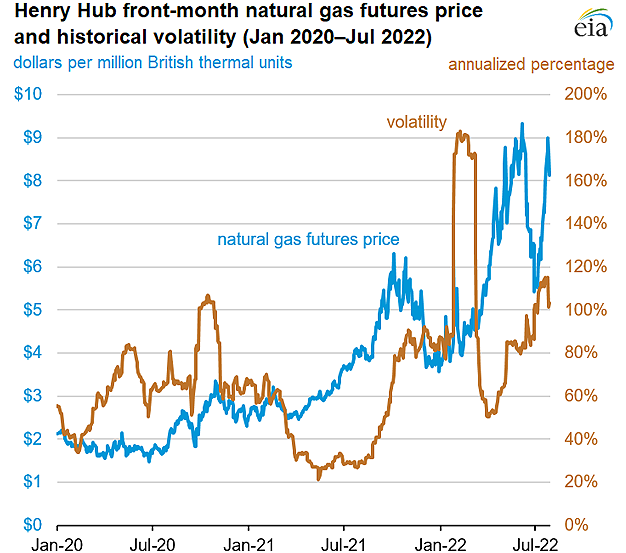 Henry Hub front-month natural gas futures price and historical volatility (Jan 2020–Jul 2022)