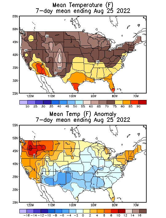 Mean Temperature (F) 7-Day Mean ending Aug 25, 2022