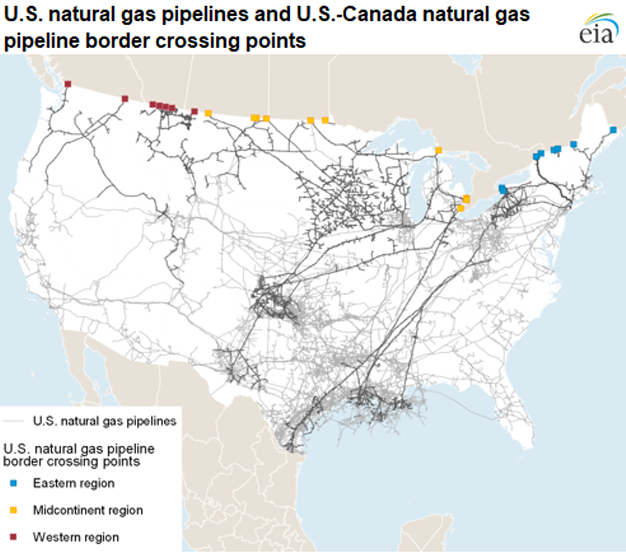 U.S. natural gas pipelines and U.S.-Canada natural gas pipeline border crossing points