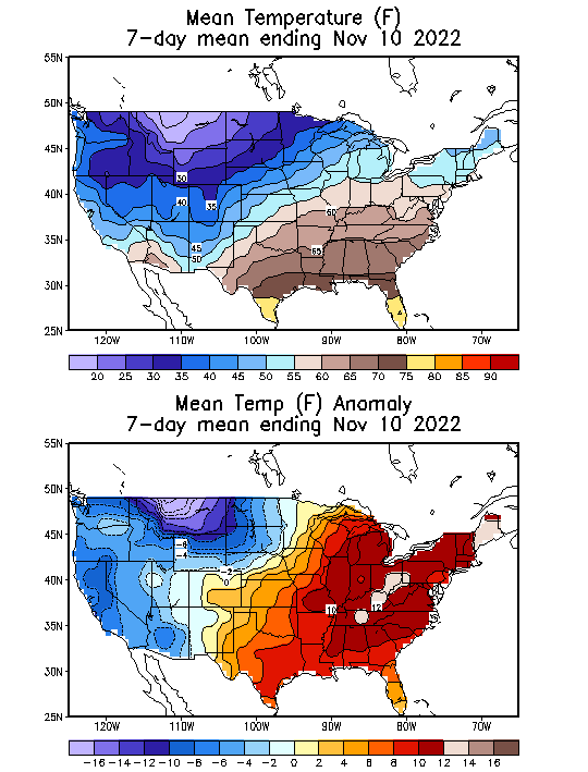 Mean Temperature (F) 7-Day Mean ending Nov 10, 2022