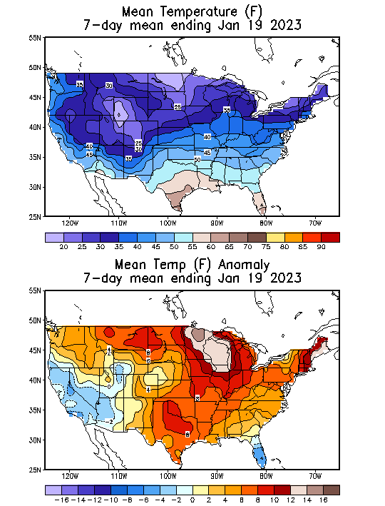 Mean Temperature Anomaly (F) 7-Day Mean ending Jan 19, 2023