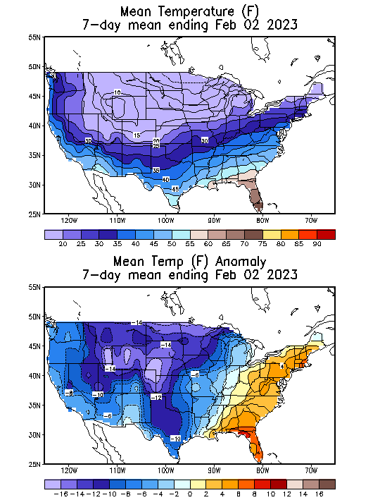 Mean Temperature Anomaly (F) 7-Day Mean ending Feb 02, 2023