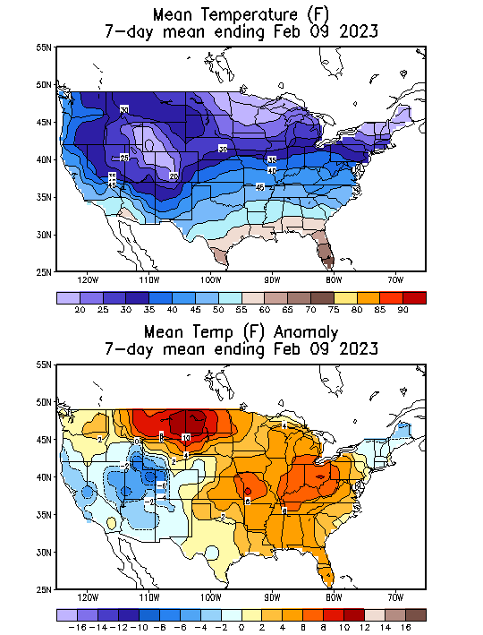 Mean Temperature Anomaly (F) 7-Day Mean ending Feb 09, 2023