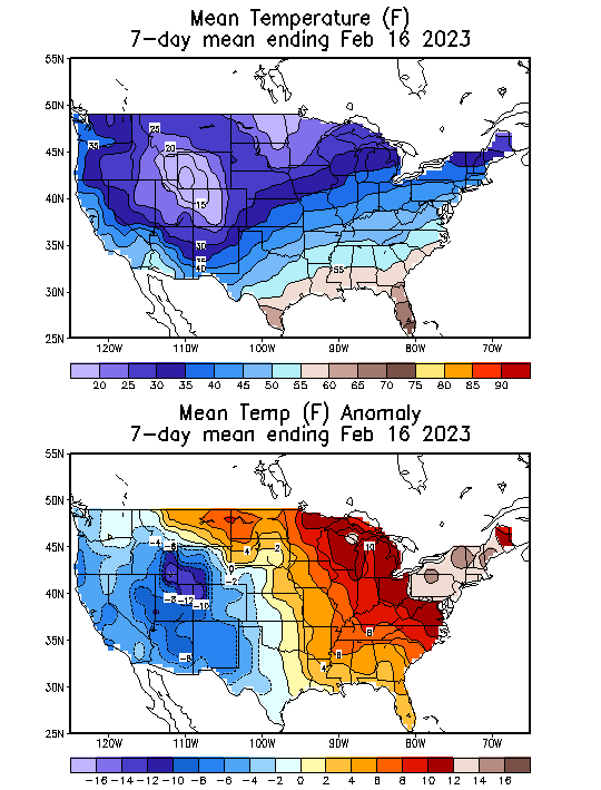 Mean Temperature (F) 7-Day Mean ending Feb 16, 2023