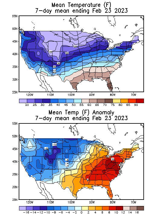 Mean Temperature (F) 7-Day Mean ending Feb 23, 2023