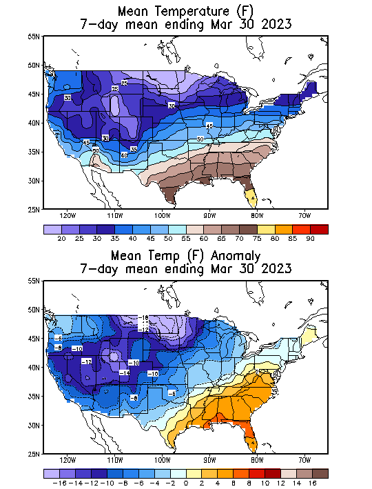 Mean Temperature (F) 7-Day Mean ending Mar 30, 2023