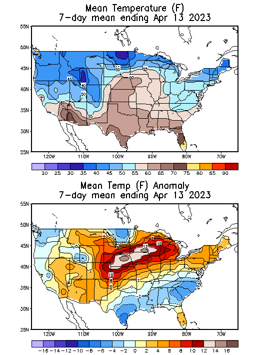 Mean Temperature (F) 7-Day Mean ending Apr 13, 2023