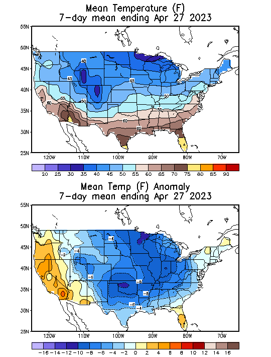 Mean Temperature (F) 7-Day Mean ending Apr 27, 2023