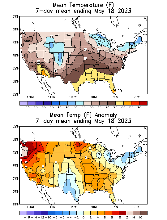 Mean Temperature (F) 7-Day Mean ending May 18, 2023