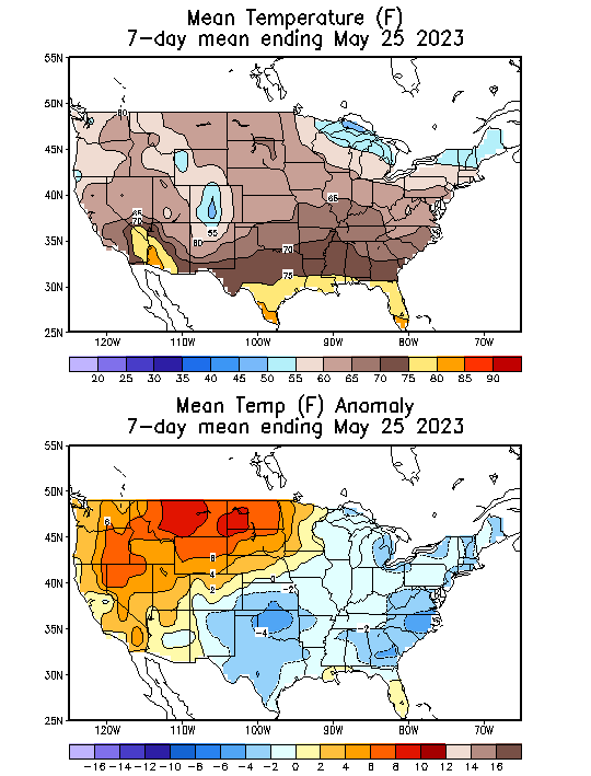 Mean Temperature (F) 7-Day Mean ending May 25, 2023