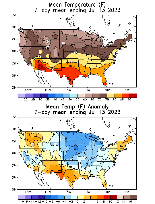 Mean Temperature (F) 7-Day Mean ending Jul 13, 2023