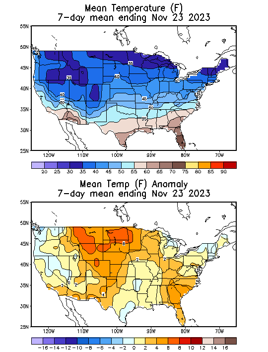 Mean Temperature (F) 7-Day Mean ending Nov 23, 2023