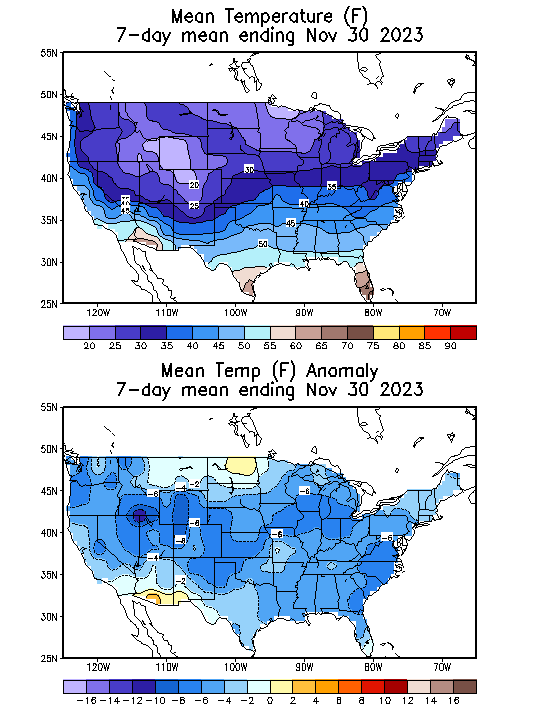 Mean Temperature (F) 7-Day Mean ending Nov 30, 2023
