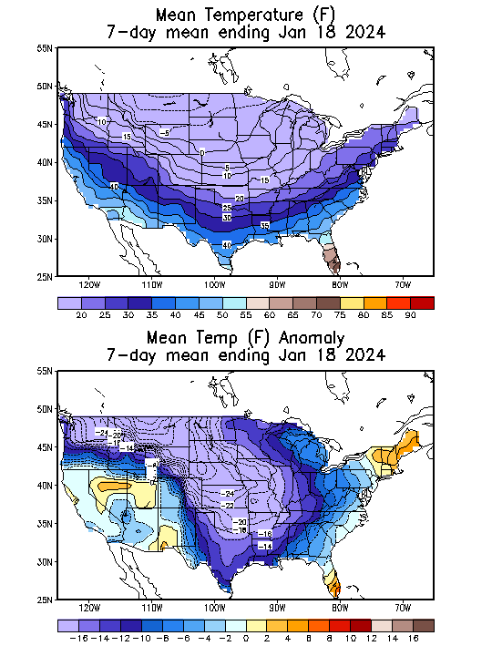 Mean Temperature (F) 7-Day Mean ending Jan 18, 2024