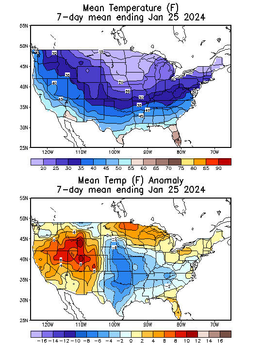 Mean Temperature (F) 7-Day Mean ending Jan 25, 2024