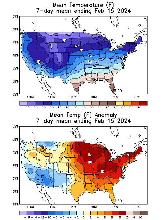 Mean Temperature (F) 7-Day Mean ending Feb 15, 2024