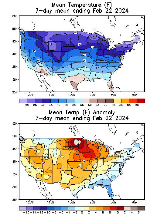 Mean Temperature (F) 7-Day Mean ending Feb 22, 2024