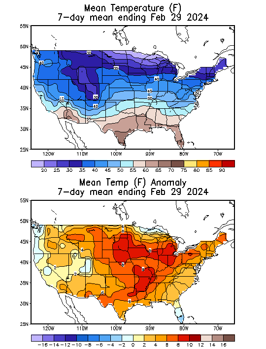 Mean Temperature (F) 7-Day Mean ending Feb 29, 2024