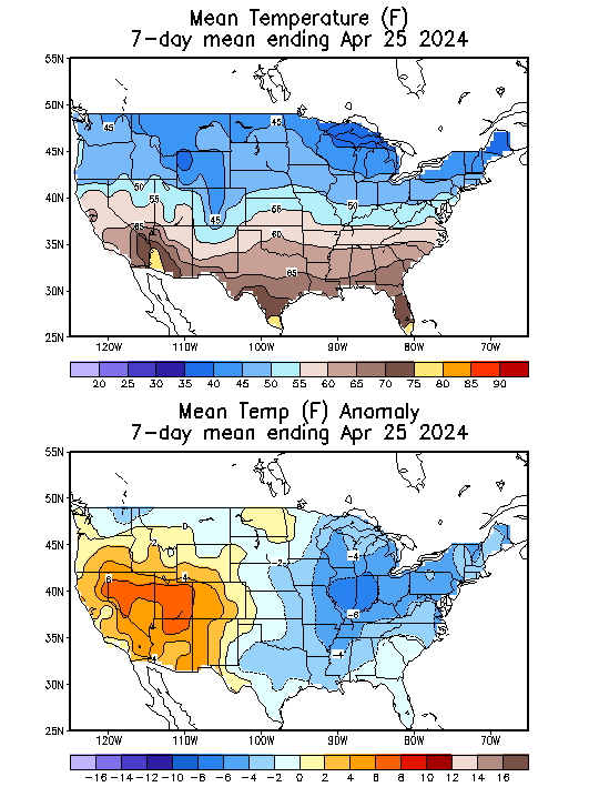 Mean Temperature (F) 7-Day Mean ending Apr 25, 2024