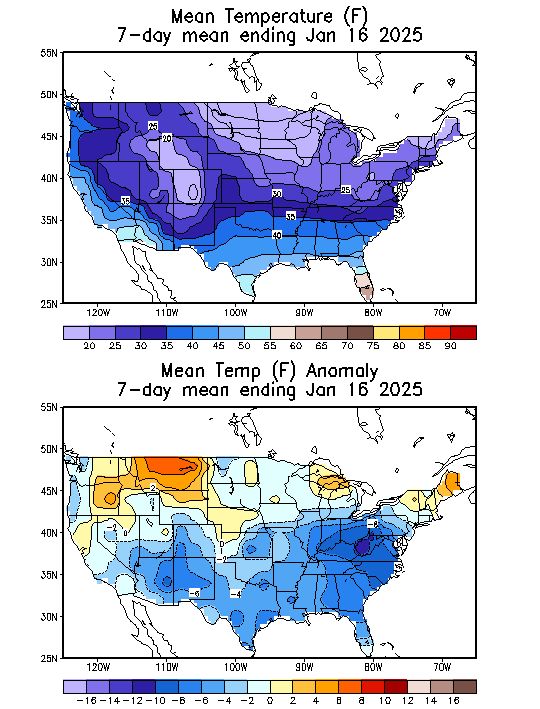 Mean Temperature (F) 7-Day Mean ending Jan 16, 2025