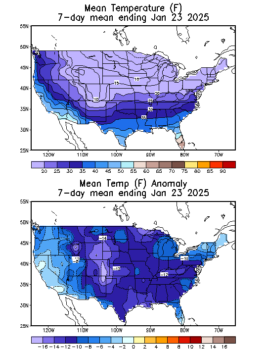 Mean Temperature (F) 7-Day Mean ending Jan 23, 2025