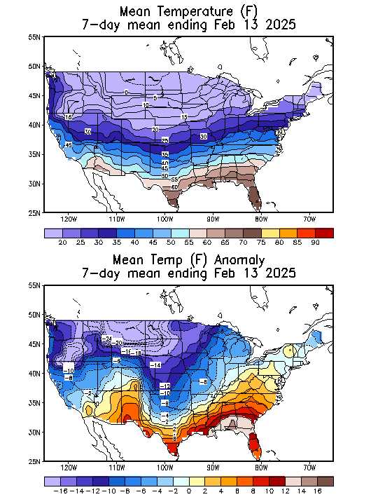 Mean Temperature (F) 7-Day Mean ending Feb 13, 2025