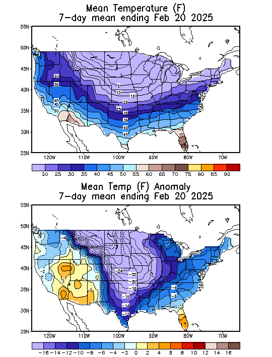 Mean Temperature (F) 7-Day Mean ending Feb 20, 2025