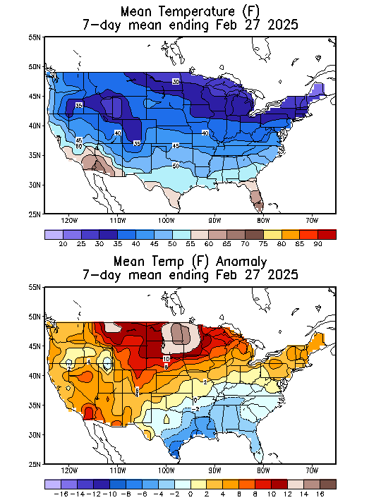 Mean Temperature (F) 7-Day Mean ending Feb 27, 2025