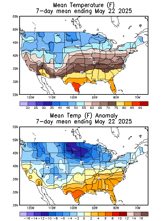 Mean Temperature (F) 7-Day Mean ending May 22, 2025