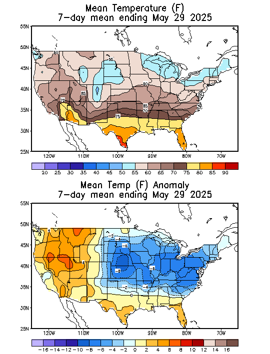 Mean Temperature (F) 7-Day Mean ending May 29, 2025