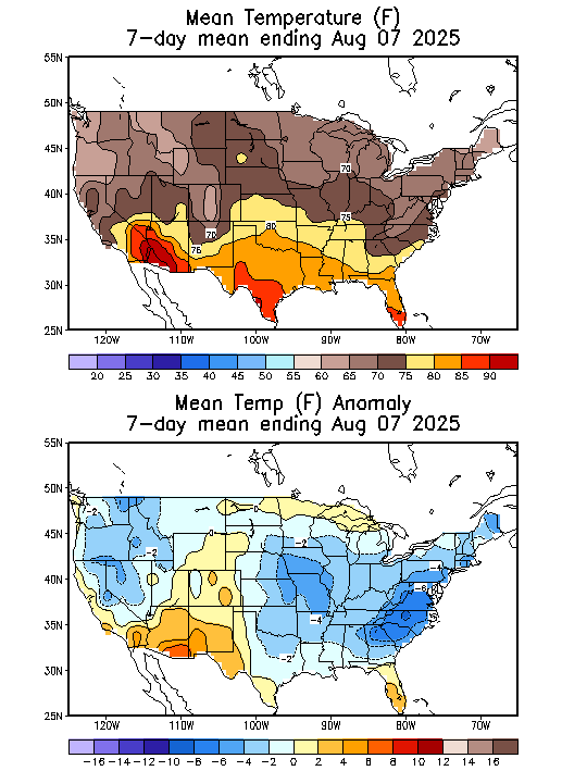 Mean Temperature (F) 7-Day Mean ending Aug 07, 2025