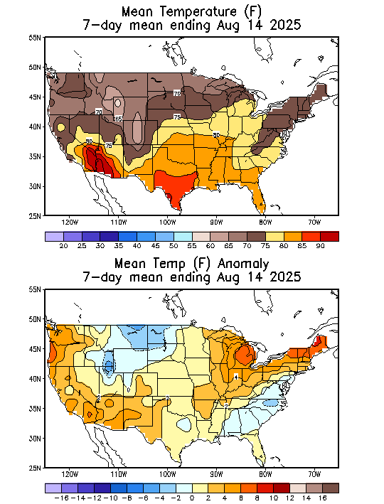 Mean Temperature (F) 7-Day Mean ending Aug 14, 2025