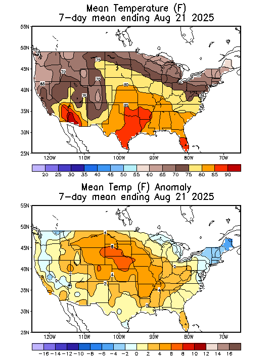 Mean Temperature (F) 7-Day Mean ending Aug 21, 2025