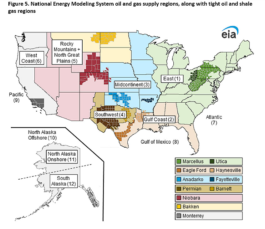 Figure 5. National Energy Modeling System oil and gas supply regions, along with tight oil and shale gas regions