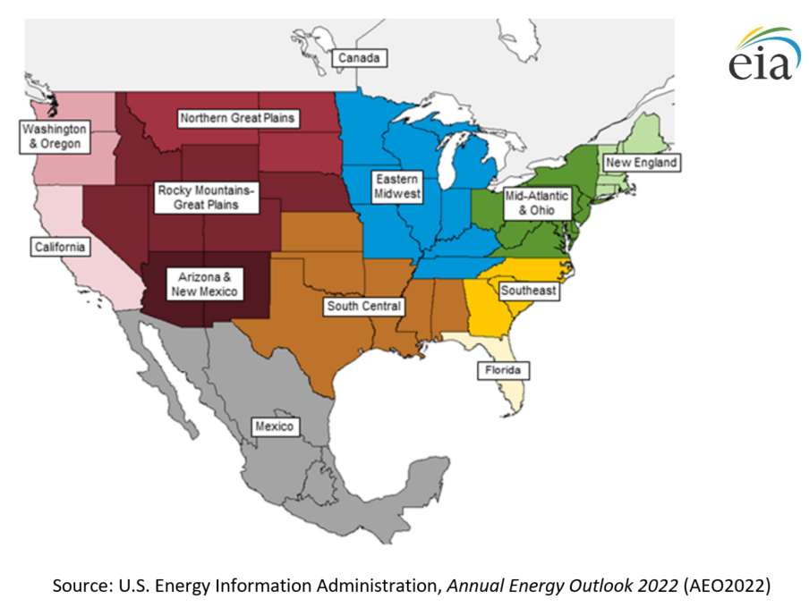 Map of Natural Gas Regions Used to Report Regional Flows and Capacity