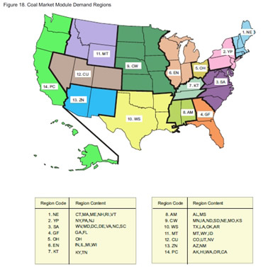 Figure 18. Coal Market Module Demand Regions.  Need help, contact the National Energy Information Center at 202-586-8800.