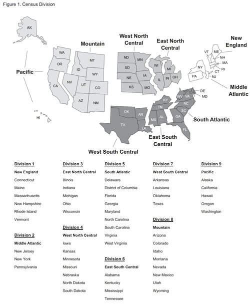 Figure 1. Census Division.  Need help, contact the National Energy Information Center at 202-586-8800.