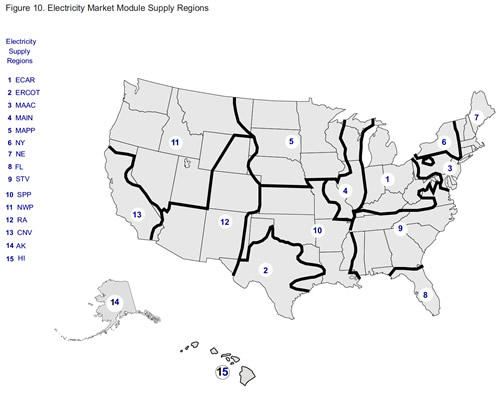 Figure 10. Electricity Market Module Supply Regions.  Need help, contact the National Energy Information Center at 202-586-8800.