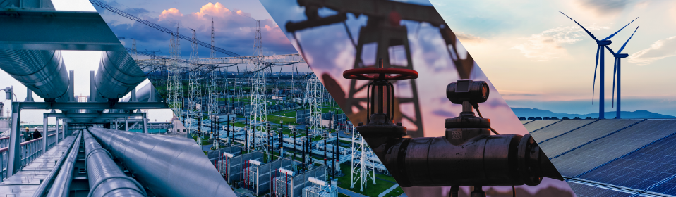 Photomontage of an oil rig, elecrity power lines, cars, and solar panels