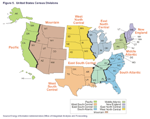 Figure 5. United States Census Divisions.  Need help, contact the National Energy Information Center at 202-586-8800.