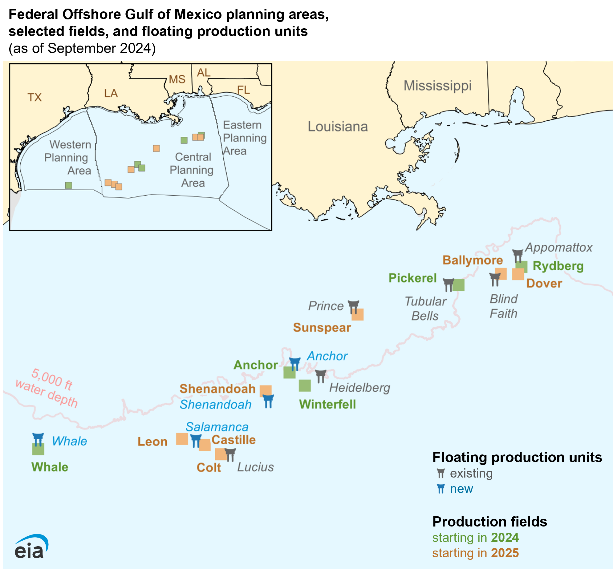 map of selected production fields and infrastructure in the Federal Gulf of Mexico