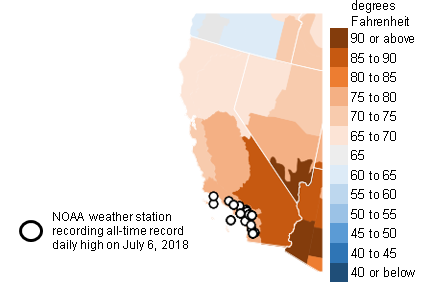Daily average temperatures with locations of record daily-high temperatures for July 6, 2018