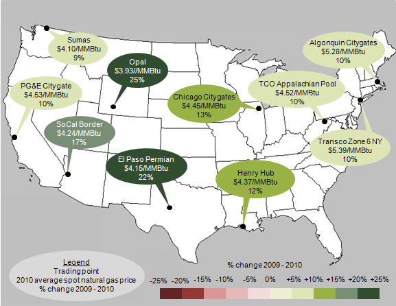 map of average wholesale spot natural gas prices across the country in 2010, as described in the article text