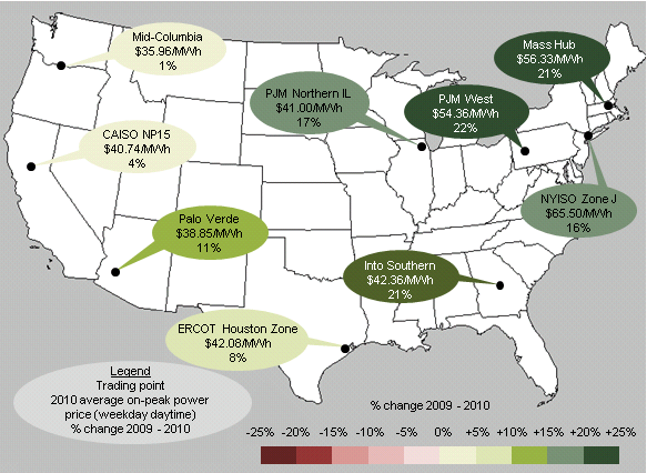 map of average wholesale electric power prices across the country in 2010, as described in the article text