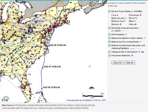 click for interactive map of Hurricane Irene and the energy infrastructure